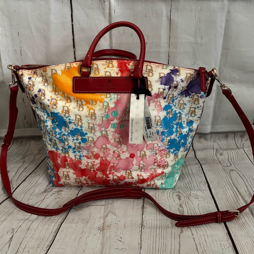 Dooney & Bourke Multicolor Watercolor Logo Satchel with Red Trim